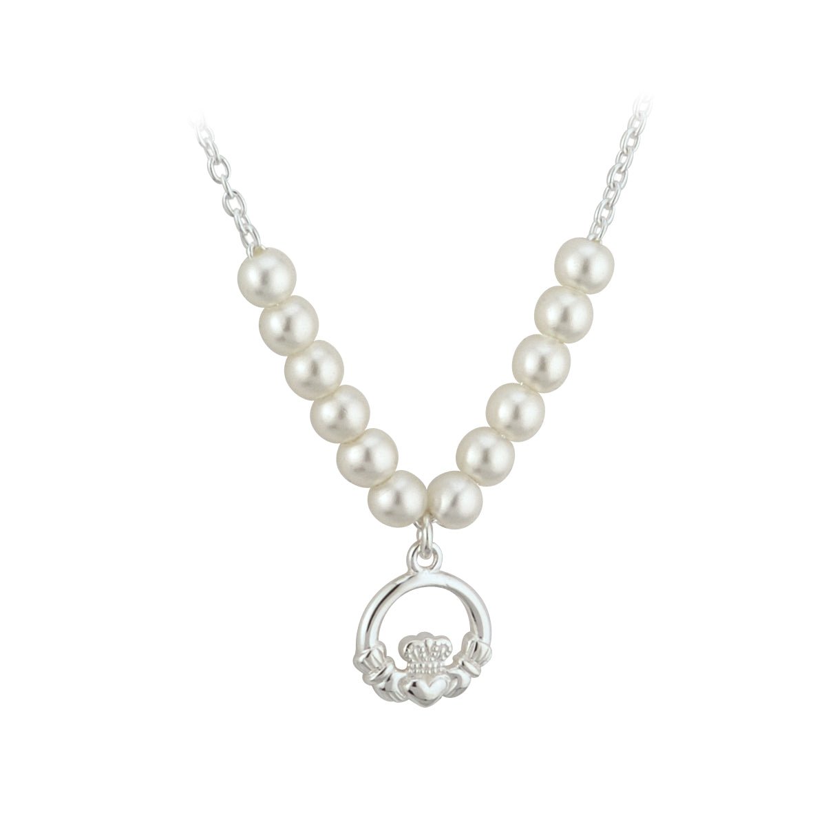 Kid's Rhodium Plated Pearl Claddagh Necklace - The Celtic Gift Store - Necklaces