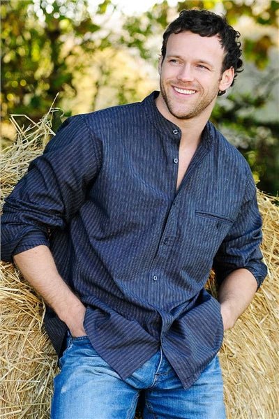 Men's Comfort Cotton Grandfather Shirt - Navy and White Stripe - The Celtic Gift Store - Clothing
