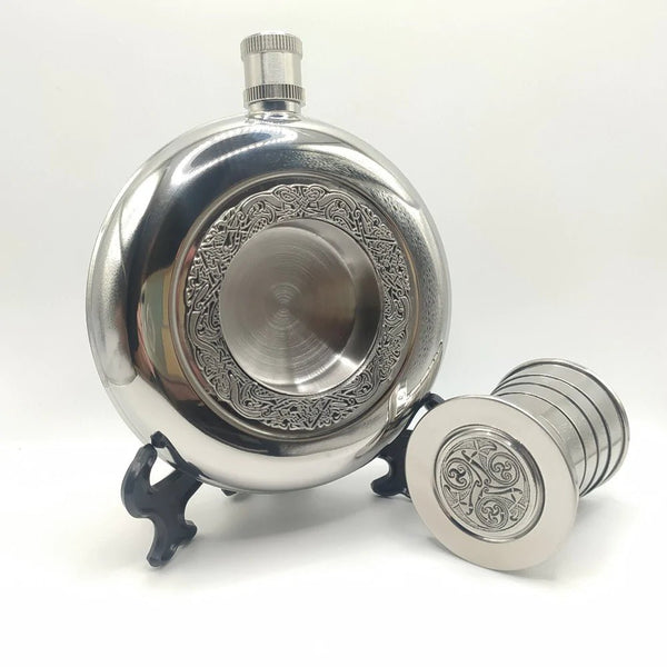 Mullingar Pewter Round Celtic Pocket Flask with Expandable Cup - The Celtic Gift Store - Drinkware