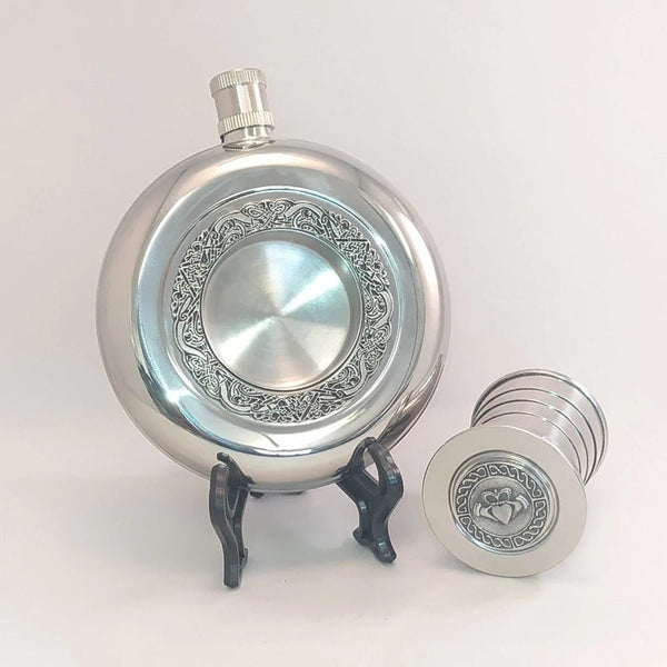 Mullingar Pewter Round Claddagh Whiskey Flask with Expandable Cup - The Celtic Gift Store - Drinkware