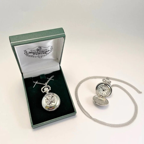 Mullingar Pewter Shamrock Pocket Watch Necklace - The Celtic Gift Store - Necklaces