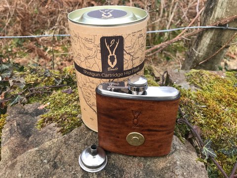 Natural Leatherbound Shotgun Cartridge Hip Flask Gift Set - The Celtic Gift Store - Barware