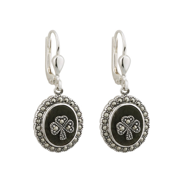 Connemara Marble and Marcasite Round Shamrock Drop Earrings