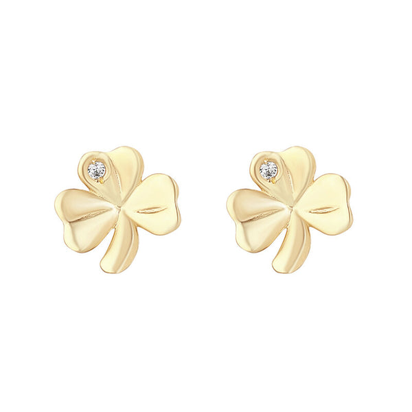 10K Gold Shamrock Stud Earrings- Single CZ Stone