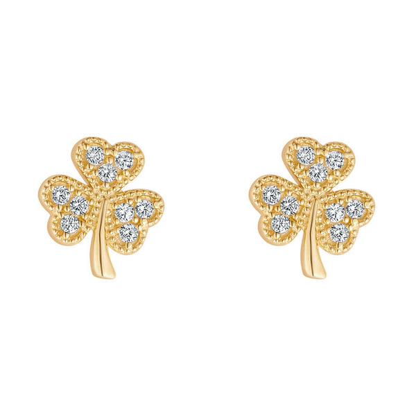 10K Gold Shamrock Stud Earrings- Multi CZ Stones