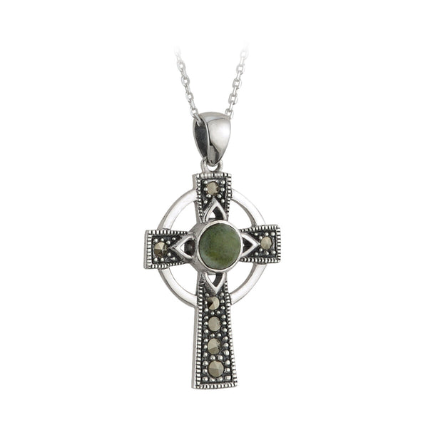 Connemara Marble and Marcasite Celtic Cross Necklace