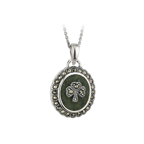 Connemara Marble and Marcasite Oval Shamrock Necklace