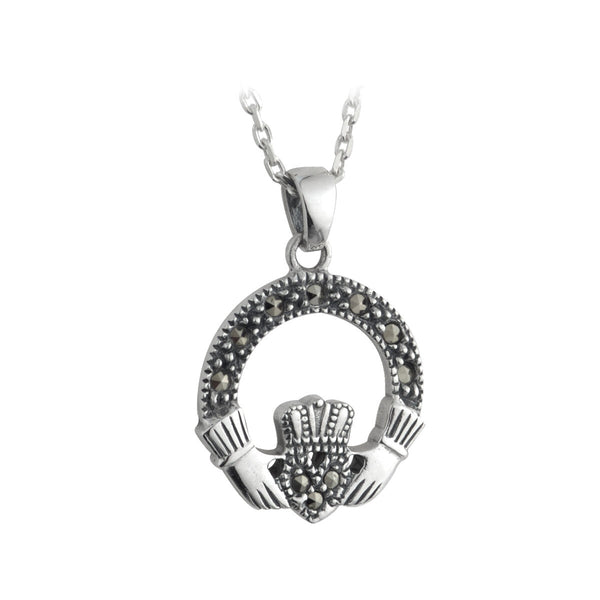 Sterling Silver Marcasite Claddagh Necklace- Small