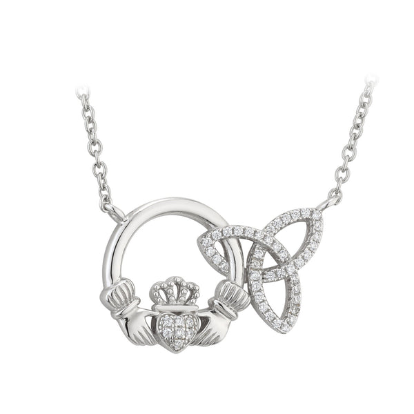 Sterling Silver Interlocking Claddagh and Trinity Knot Necklace