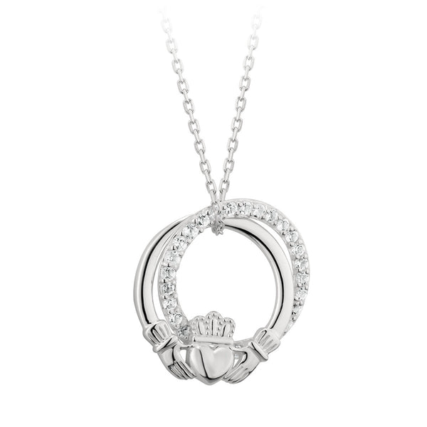 Sterling Silver Interlocking Claddagh and CZ Circle Necklace