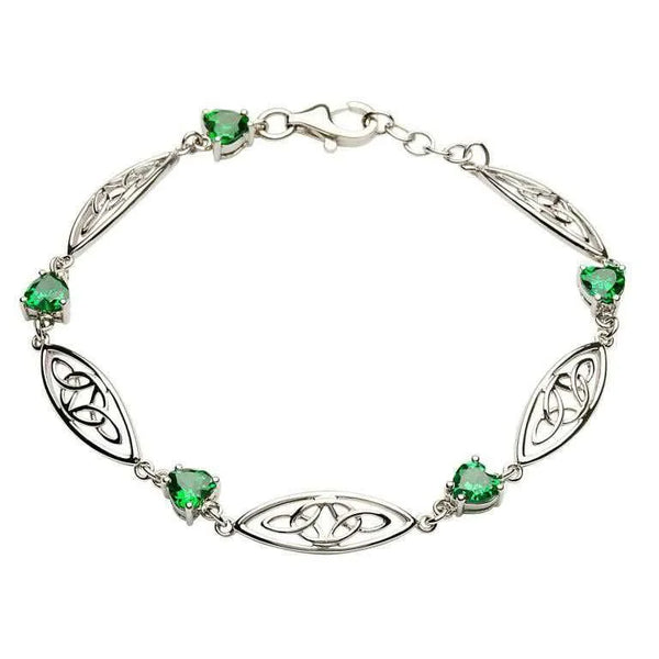 Sterling Silver Celtic Trinity Knot Green Heart Bracelet