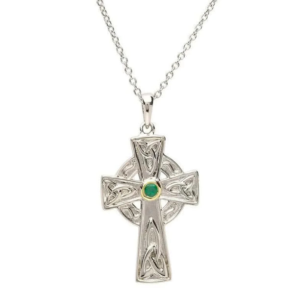 Genuine Emerald Set Sterling Silver Celtic Cross Necklace