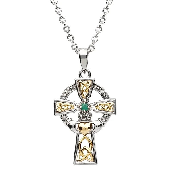 Diamond and Emerald Silver and Gold Celtic Cross Claddagh Necklace- Lg