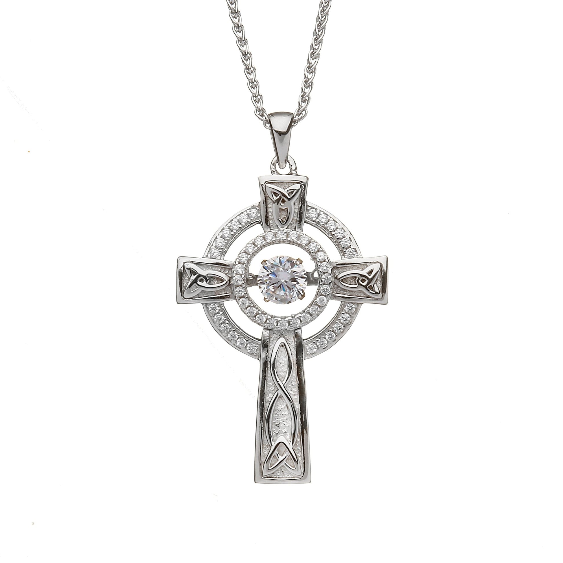 Sterling Silver Celtic Cross with Dancing Stone Centre - The Celtic Gift Store - Necklaces