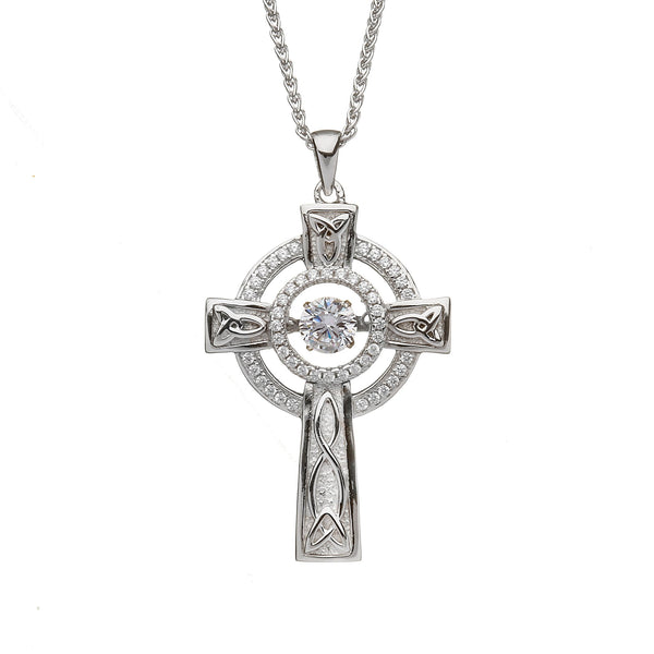 Sterling Silver Celtic Cross with Dancing Stone Centre - The Celtic Gift Store - Necklaces