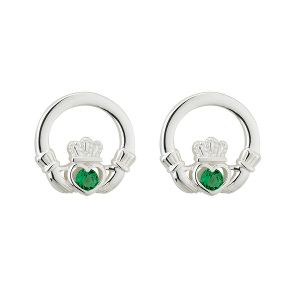 Sterling Silver Claddagh Stud Earrings with Green Crystals - The Celtic Gift Store - Earrings