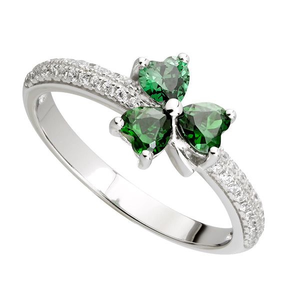 Sterling Silver Green Cubic Zirconia Shamrock Ring - The Celtic Gift Store - Rings