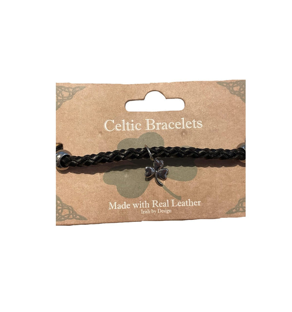 Thin Twist Leather Bracelet Hanging Shamrock - Black - The Celtic Gift Store - 