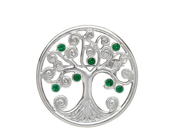 Silver Plated Tree of Life Brooch with Green Stones