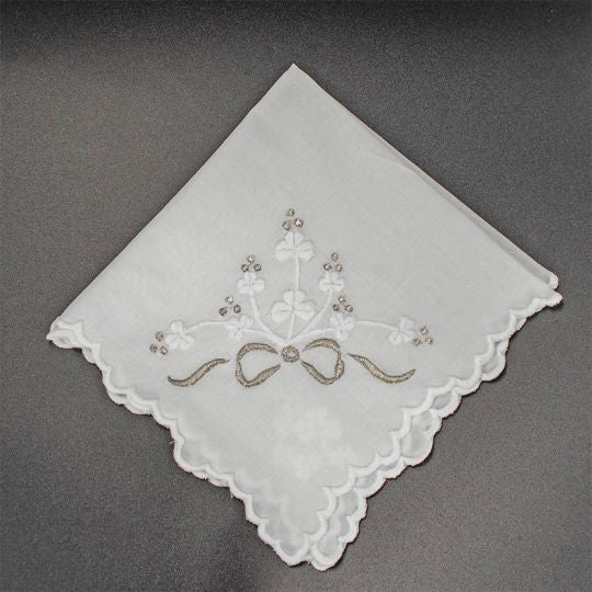 White and Silver Embroidered Shamrock Hankie - The Celtic Gift Store - Clothing Accessories