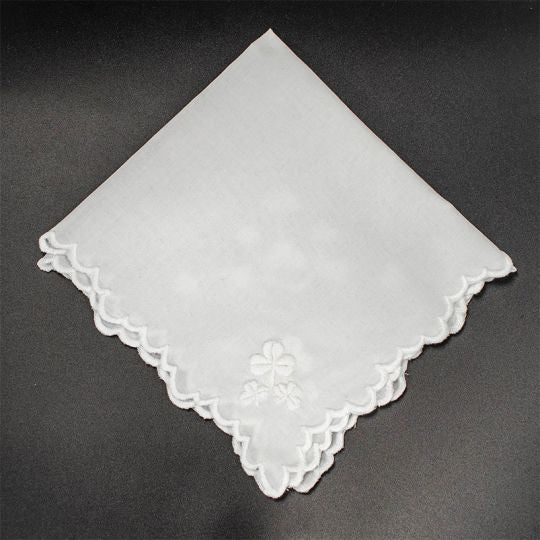 White and Silver Embroidered Shamrock Hankie - The Celtic Gift Store - Clothing Accessories